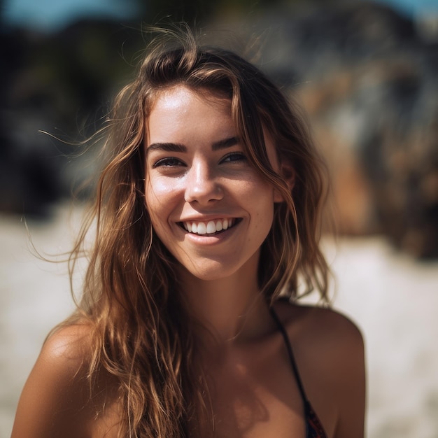 Retrato de uma jovem bonita na praia