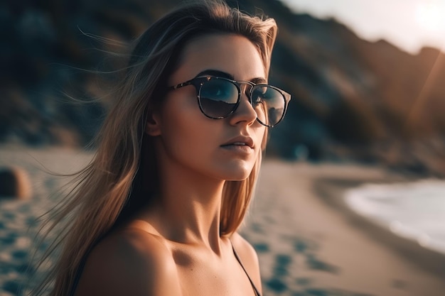 Retrato de uma jovem bonita na praia