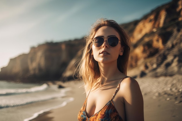 Retrato de uma jovem bonita na praia