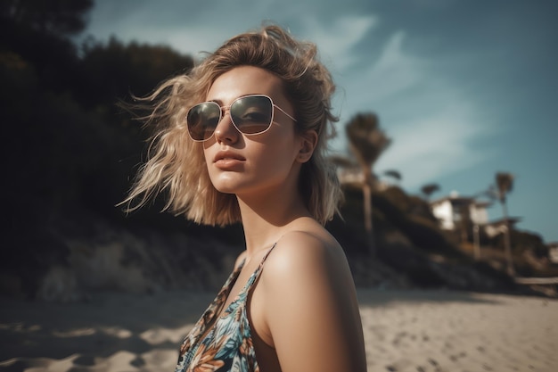 Retrato de uma jovem bonita na praia