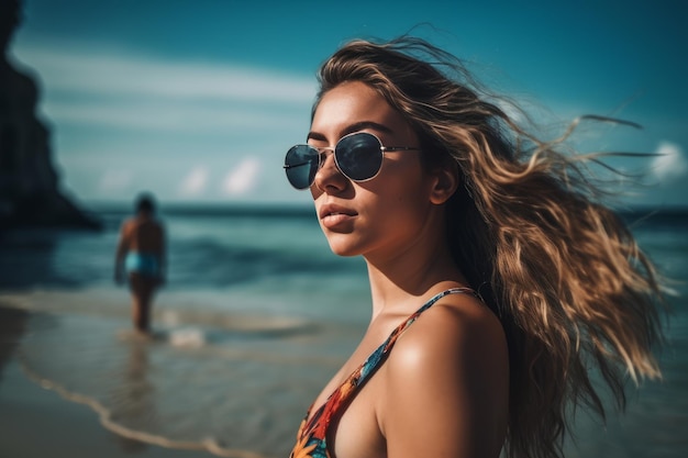 Retrato de uma jovem bonita na praia