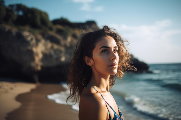 Retrato de uma jovem bonita na praia