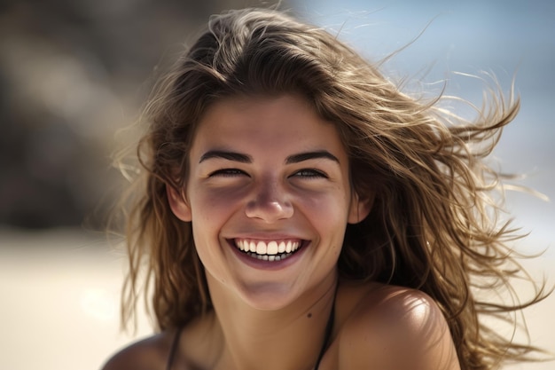 Retrato de uma jovem bonita na praia