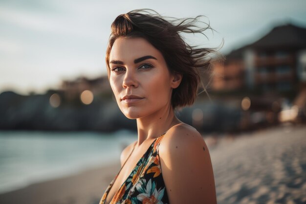 Retrato de uma jovem bonita na praia