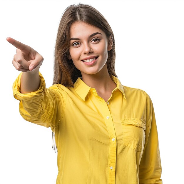 Retrato de uma jovem branca europeia com camisa apontando