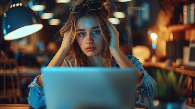 Retrato de uma jovem cansada e exausta mulher de negócios sentada e trabalhando duro na frente do computador no escritório à noite