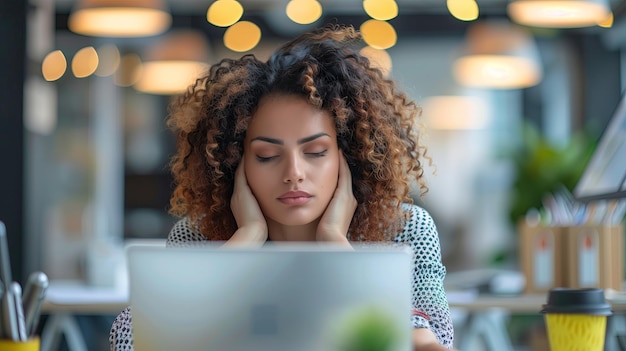 Retrato de uma jovem cansada e exausta mulher de negócios sentada e trabalhando duro na frente do computador no escritório
