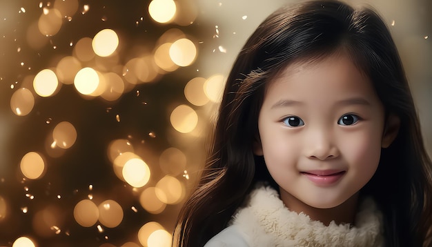Retrato de uma jovem chinesa sobre um fundo desfocado de uma árvore de Natal