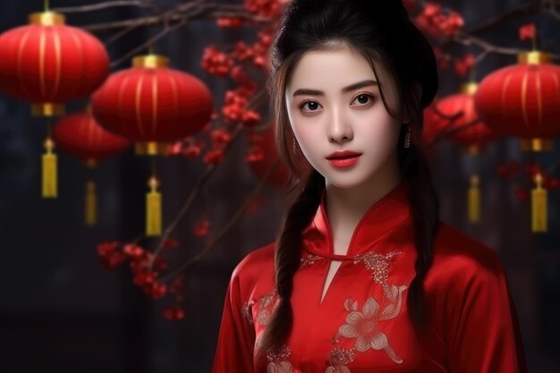 Retrato de uma jovem chinesa vestindo um traje vermelho feliz ano novo chinês