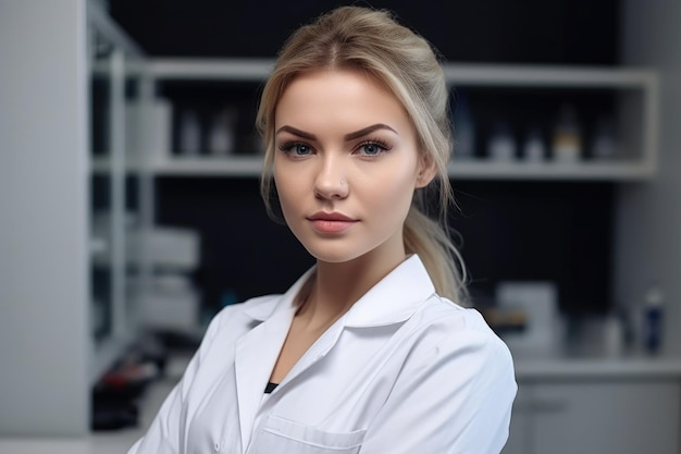 Retrato de uma jovem cientista atraente em pé em seu laboratório criado com IA generativa