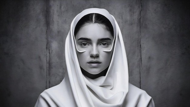 Foto retrato de uma jovem coberta de fabrico branco isolado sobre um fundo cinzento