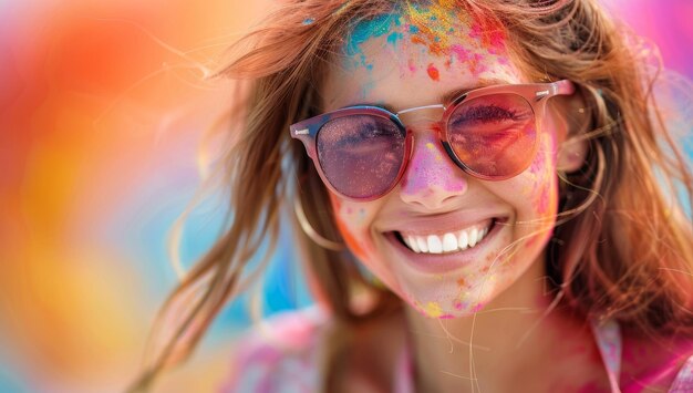 Retrato de uma jovem coberta de pó colorido celebrando o festival Holi