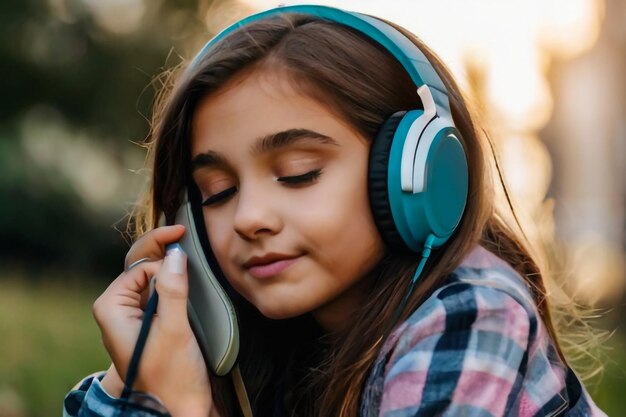 Retrato de uma jovem coed alegre ouvindo música em fones de ouvido sentada ao ar livre no verde