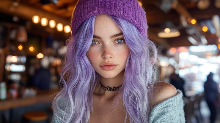 Foto retrato de uma jovem com cabelo roxo e um boné de tricô em um café