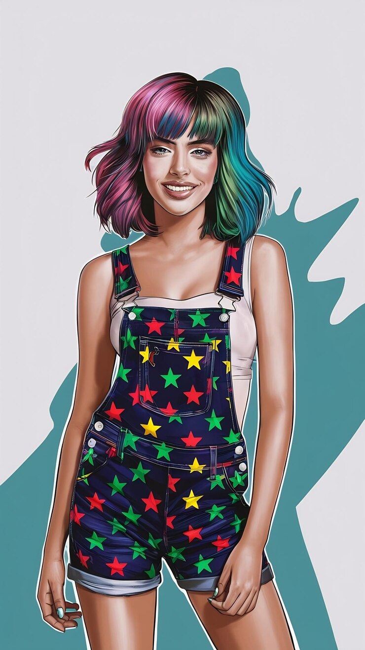 Foto retrato de uma jovem com cabelos coloridos vestindo macacão