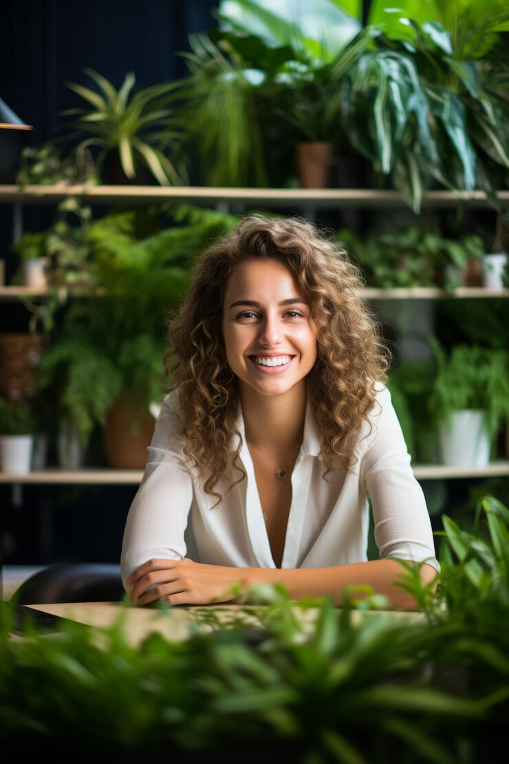 Retrato de uma jovem com cabelos encaracolados sorrindo em um escritório verde cheio de plantas