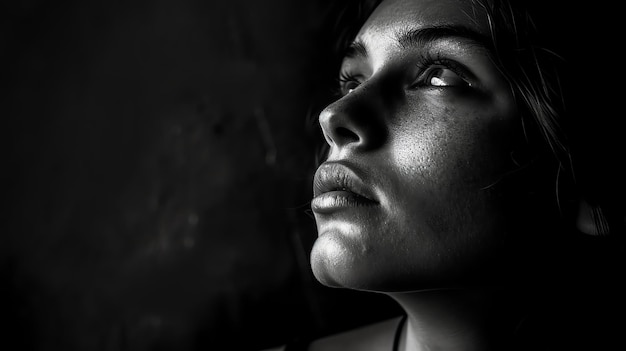 Foto retrato de uma jovem com cabelos escuros e olhos claros ela está olhando para algo fora da câmera com uma expressão de esperança em seu rosto