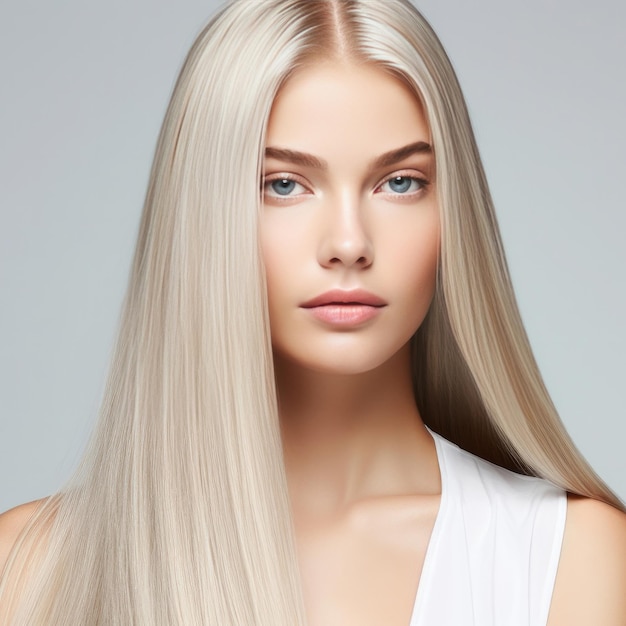 Retrato de uma jovem com cabelos loiros longos e lisos, maquiagem e saúde capilar