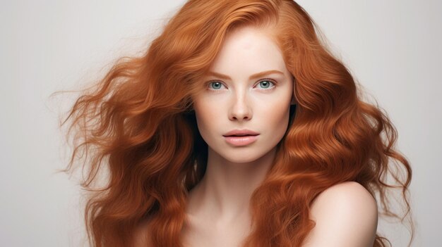 Foto retrato de uma jovem com cabelos ruivos longos e ondulados, maquiagem e saúde capilar
