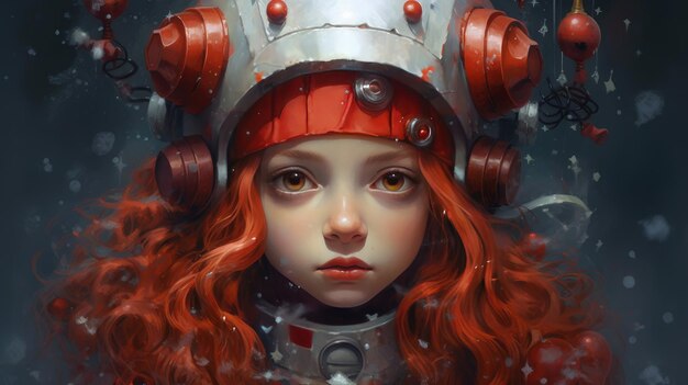 Retrato de uma jovem com cabelos vermelhos em um capacete de astronauta de Ano Novo e Natal gerado pela IA