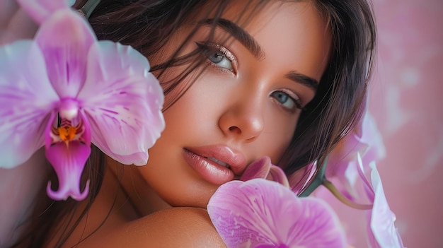 Foto retrato de uma jovem com flores de orquídea em close-up conceito de beleza e cuidados com a pele harmonioso