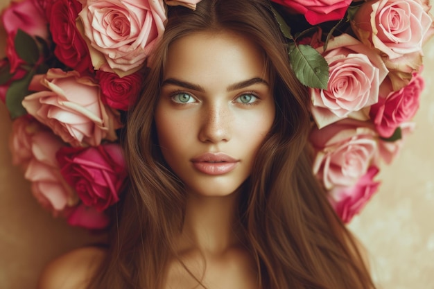 Retrato de uma jovem com flores no cabelo