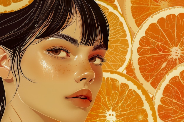 Retrato de uma jovem com fundo de fatia de laranja Ilustração de arte digital vibrante de perto