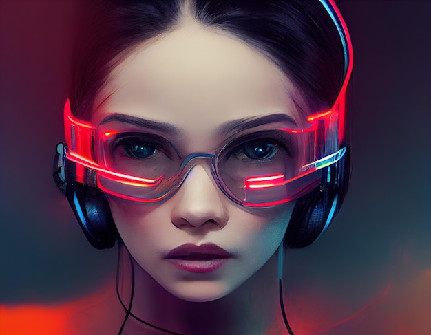 Retrato de uma jovem com ilustração digital futurista de óculos de sol