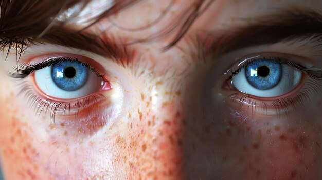 Retrato de uma jovem com olhos azuis e sardas Ela está olhando para a câmera com uma expressão séria Sua pele é pálida e impecável