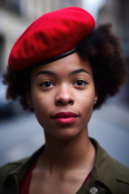 Retrato de uma jovem com um afro usando uma boina vermelha nas ruas