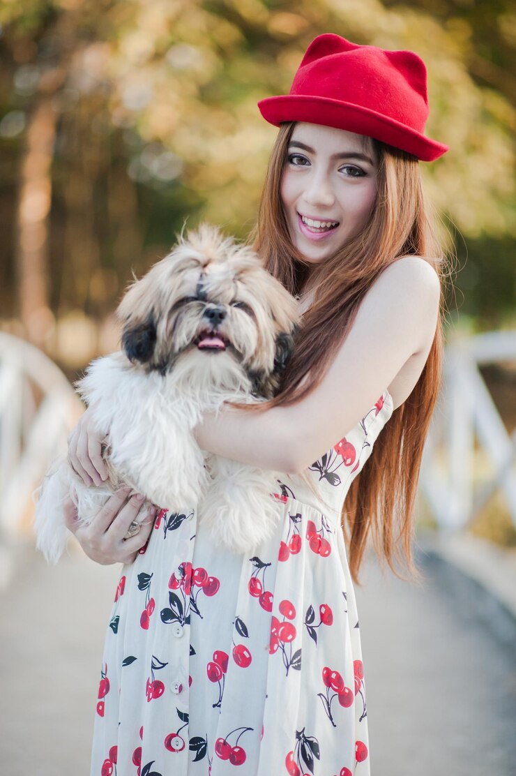 Foto retrato de uma jovem com um cão
