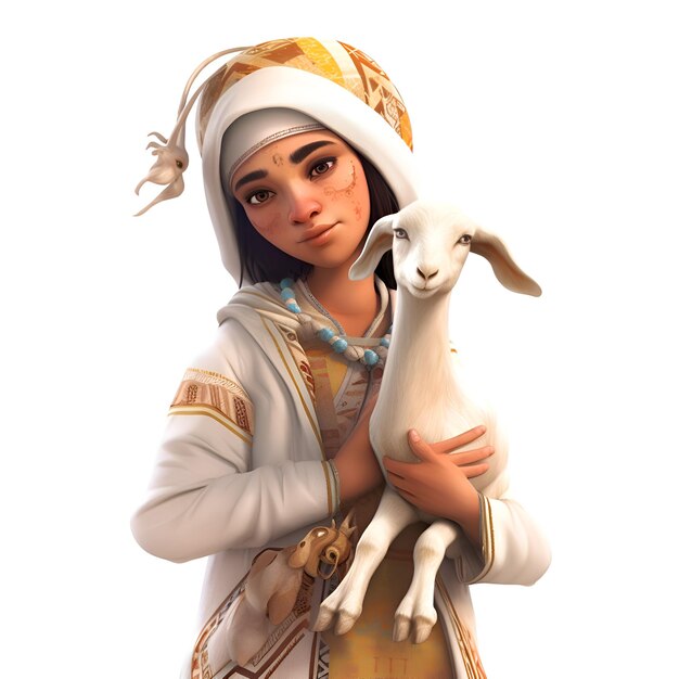 Retrato de uma jovem com uma cabra em um fundo branco