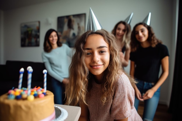 Retrato de uma jovem comemorando seu aniversário com amigos em casa, criado com IA generativa