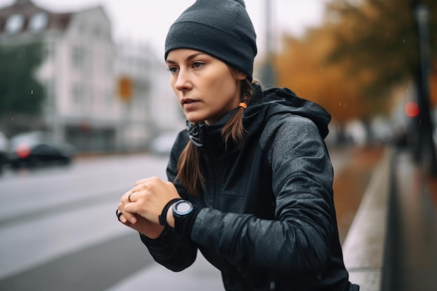 Retrato de uma jovem corredora verificando o relógio antes de correr