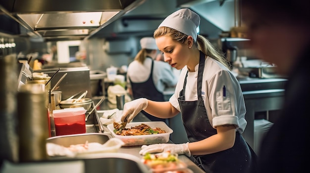 Retrato de uma jovem cozinheira sorridente de pé com legumes cortados na cozinha