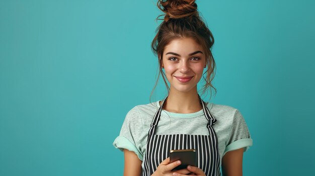 Retrato de uma jovem de avental segurando um smartphone com um grande espaço de cópia Generative AI