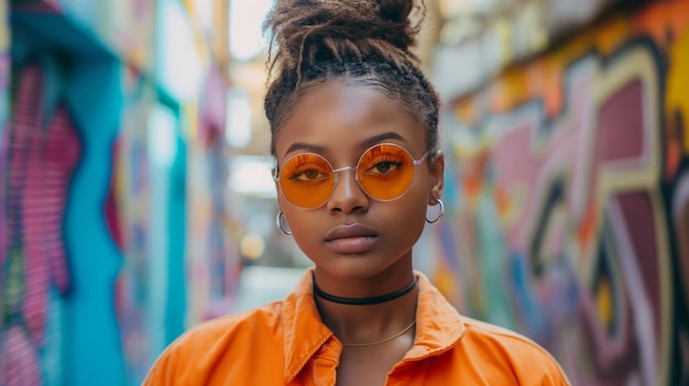 Foto retrato de uma jovem de moda em roupas de rua urbanas com fundo de graffiti colorido