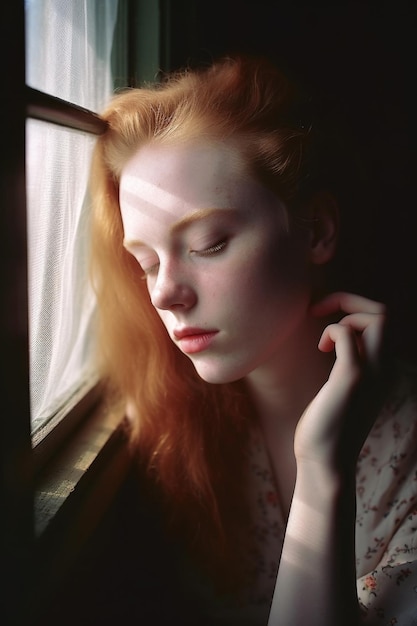 Retrato de uma jovem descansando a cabeça contra uma vidraça criada com IA generativa