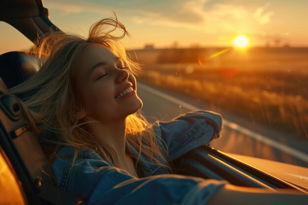 Foto retrato de uma jovem desfrutando do pôr-do-sol em um carro que simboliza a liberdade