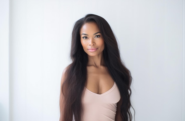 Retrato de uma jovem e bela mulher afro-americana com cabelos longos e encaracolados
