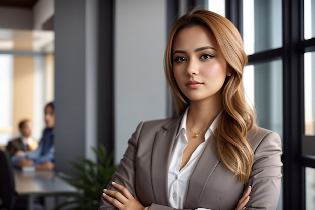 Retrato de uma jovem e bela mulher de negócios no escritório Gerente de braços cruzados