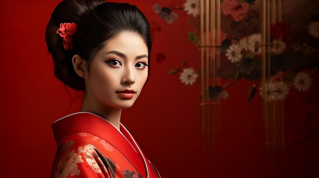 Retrato de uma jovem e bela mulher em kimono japonês