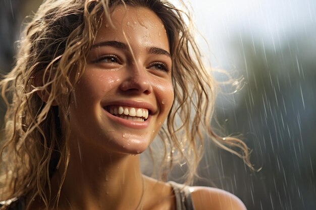 Retrato de uma jovem e bela mulher na chuva