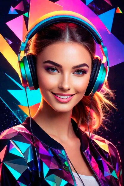 Retrato de uma jovem e bonita DJ com fones de ouvido