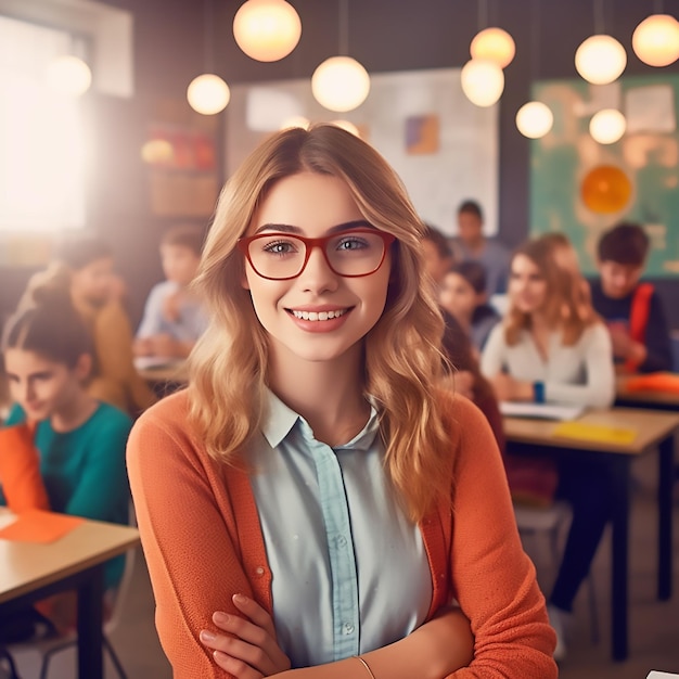 Retrato de uma jovem e bonita professora confiante na aula