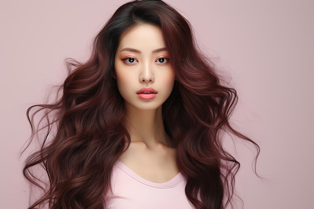 Retrato de uma jovem e encantadora bruneta asiática adolescente com cabelos longos e ondulados em fundo rosa claro