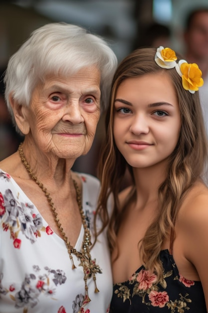 Retrato de uma jovem e sua mãe idosa posando juntas em um evento