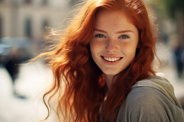 retrato de uma jovem elegante garota ruiva andando ao longo de uma rua da cidade no verão