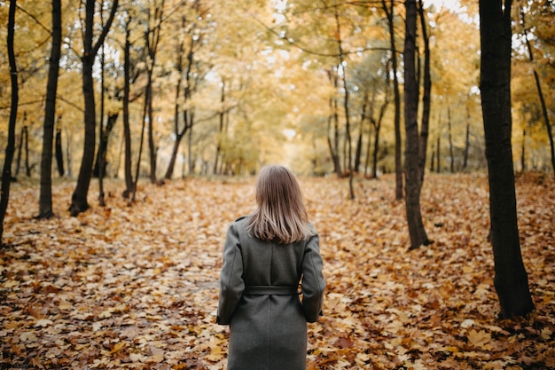 retrato de uma jovem em um parque de outono um casaco longo cinza uma caminhada no outono