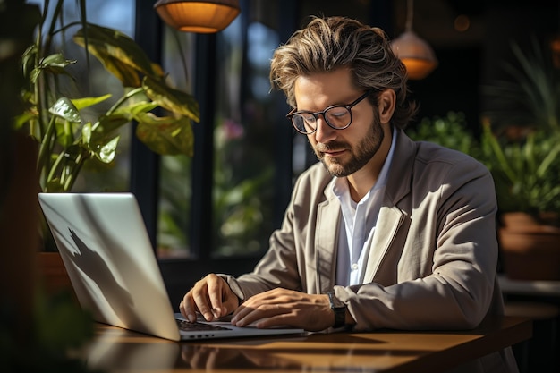 Retrato de uma jovem empresária caucasiana bem-sucedida sentada na mesa trabalhando em um computador laptop em C